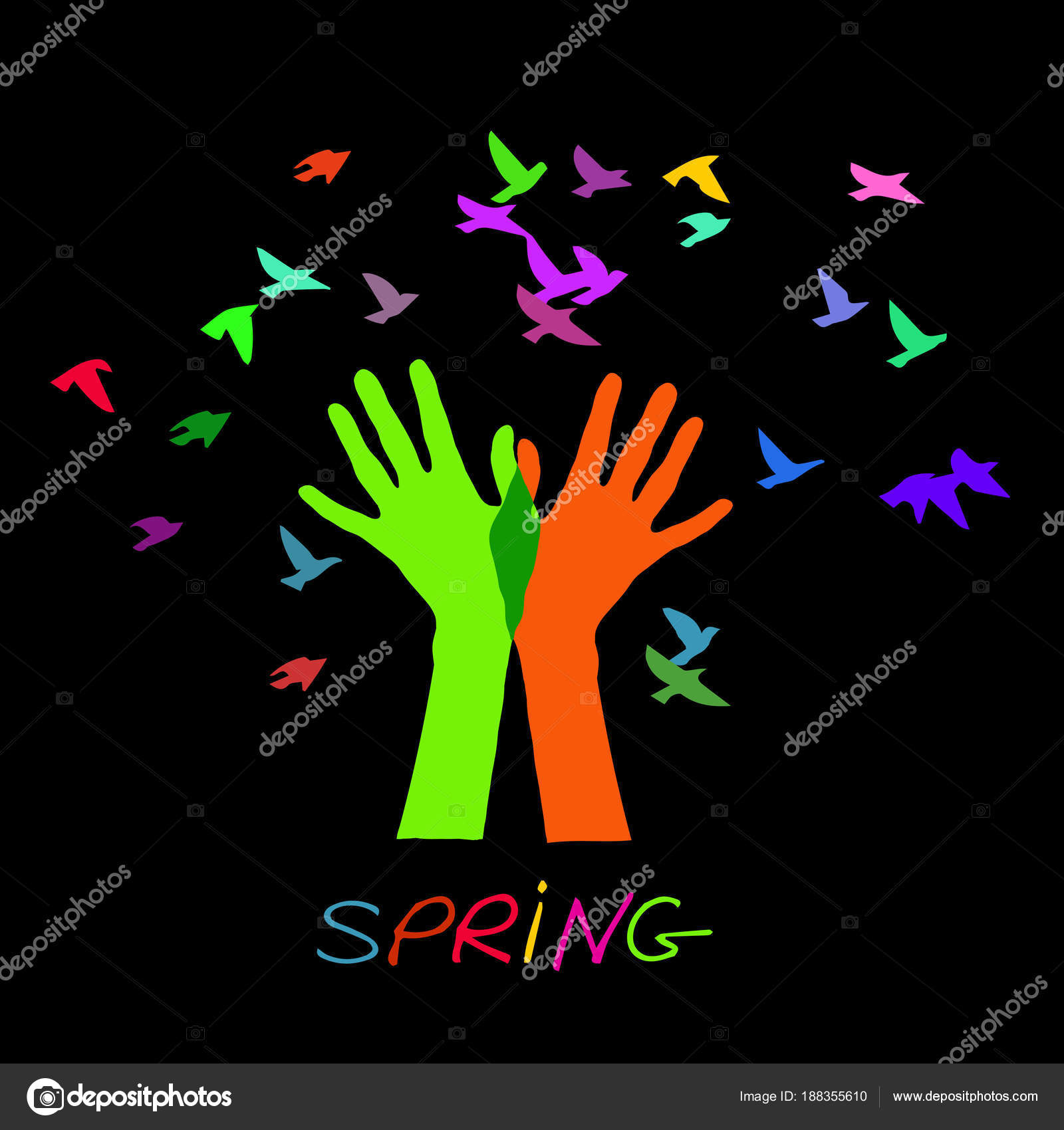 Manos liberando una bandada de pájaros. Primavera . Vector de stock  #188355610 de ©Dalinas, image size:1600x1700