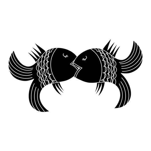 Kiss of two fishes black silhouette on a white background. — Stock Vector