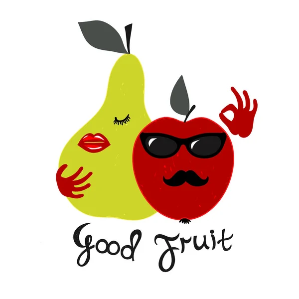 Dobre owoce. Ilustracja jabłko czerwone i zielone gruszka z odręcznym napisem na białym tle. — Wektor stockowy