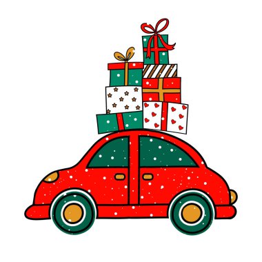 Araba, hediye ve karlı Noel illüstrasyonları.