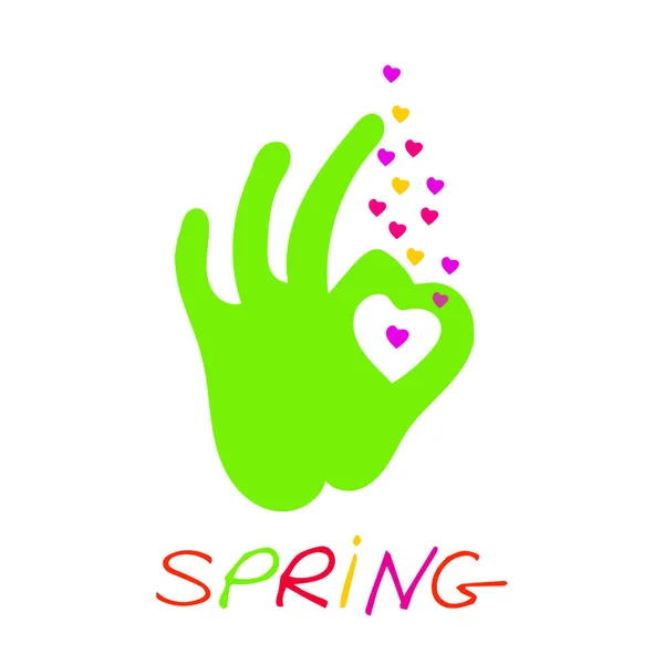 Hand ok Zeichen mit farbigen Herzen. Handgrün für Frühlingsstimmung — Stockfoto