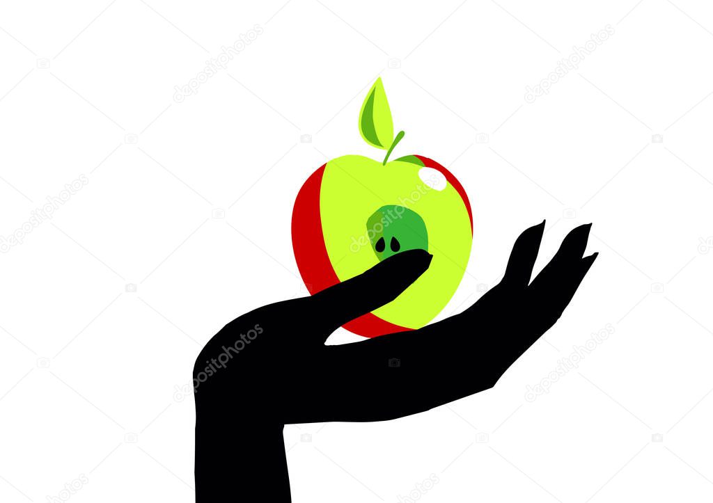 The hand with the Apple. Half an Apple in the palm of your hand.