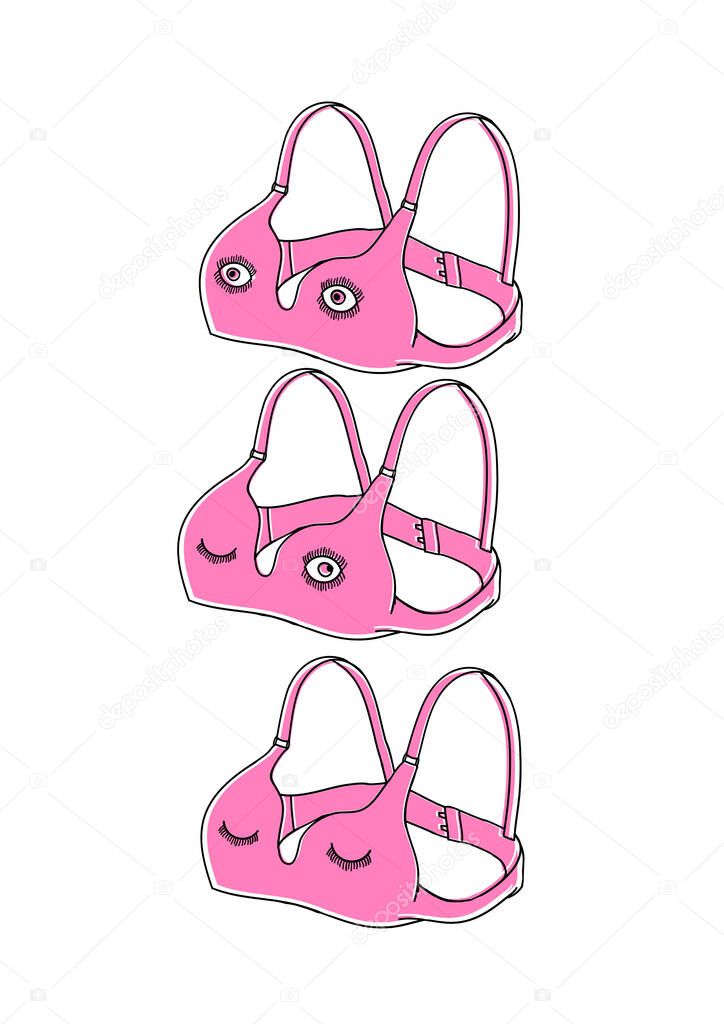 Set of three revived bras. Bra cartoon character. Bra with eyes funny sketch.