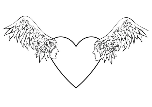 Serce ze skrzydłami. Dwa skrzydła z ludzkimi twarzami. Anioł. Tatuaż skrzydeł. — Zdjęcie stockowe