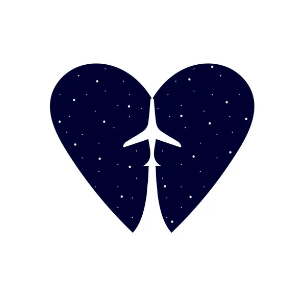 Ikona samolotu. Samolot z nocnym niebem w kształcie serca. — Wektor stockowy