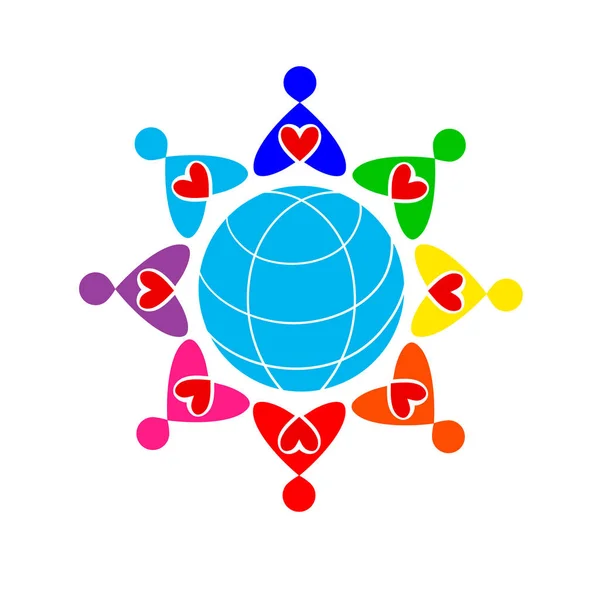 Colored men with hearts around globe. Globe, people, icon illustration