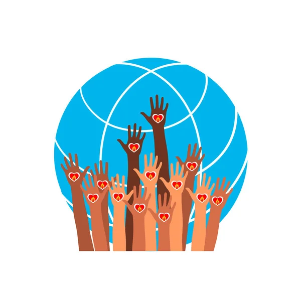 Fire icon. Hands with earth, people of the world holding the globe flat sticker, poster etc