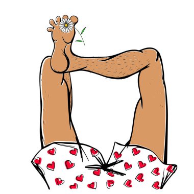 Kalpli, şortlu ve parmaklarının arasında Daisy olan dinlenen bir adamın bacakları..