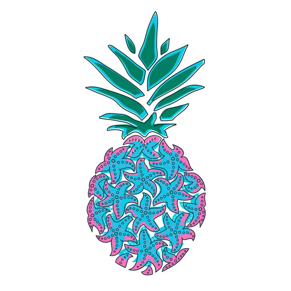 Ananas med sjöstjärnor. Vektor illustration isolerad på vit bakgrund, logotyp, t-shirt design. — Stock vektor