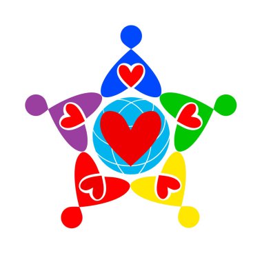 Dünyanın dört bir yanında, kalbi olan, yıldız şeklinde büyük bir renkli grup oluştu.