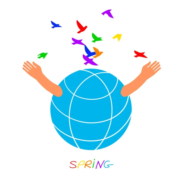 Primavera. O globo com as mãos das crianças libera pássaros coloridos. A mola de inscrição . — Vetor de Stock