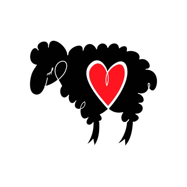 Schafvektorillustrationen von Hand gezeichnet. Original flaches Bild eines Schafes mit Herz. — Stockvektor