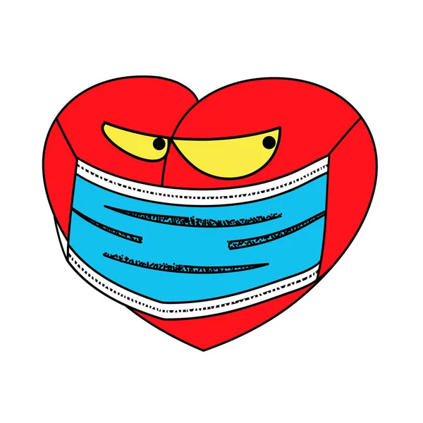 Herz in Quarantäne. COVID-19. Vektor-Herz in einer medizinischen Maske. Vektor-Symbol isoliert auf weißem Hintergrund einer medizinischen Maske. Lustige Zeichentrickfigur. Liebe in Quarantäne — Stockvektor