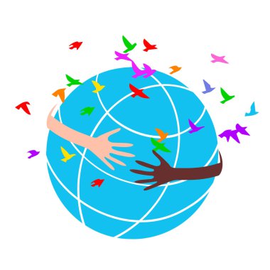 Elleri farklı ten renginde bir gönüllünün dünyanın etrafında bir çember oluşturması fikri.