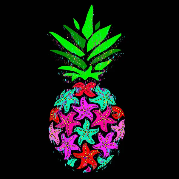 Ilustração vetorial de abacaxi. Abacaxi estrelado colorido em um fundo preto . —  Vetores de Stock