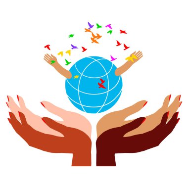 Farklı ten rengine sahip birçok kadının elleri dünyayı tutuyor. Çevre bakımı