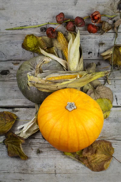 Szczęśliwy dzień Dziękczynienia, ozdoba na stół drewniany z dyni, kaczan kukurydzy i liści jesienią — Zdjęcie stockowe