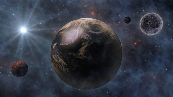 Ziemi, słońca, Księżyca i planet w przestrzeni 3d Renderin — Zdjęcie stockowe