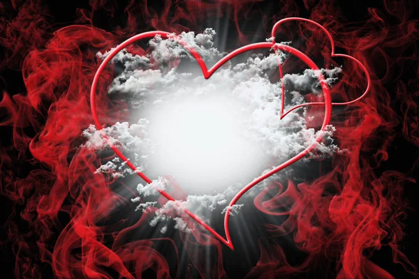 Corações e nuvens brancas fofas com fumo vermelho. Dia dos Namorados conceito fundo ilustração 3D — Fotografia de Stock