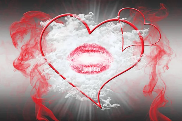 Heart and a Kiss With Red Smoke. Valentine's Day Concept 3D Illustration — Stock Photo, Image