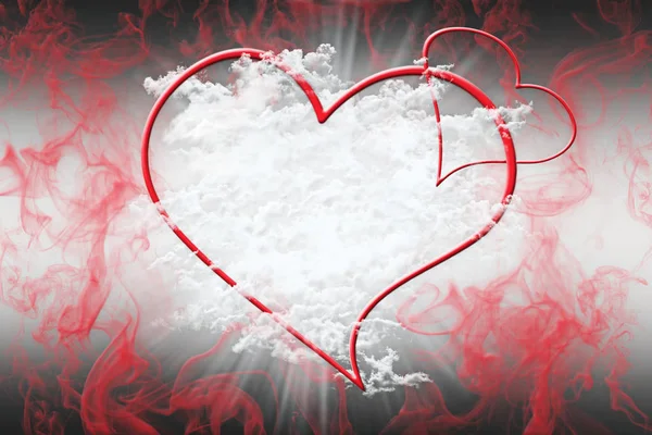 心と赤い煙で白いふわふわの雲。バレンタインデーの概念の背景 3 d イラストレーション — ストック写真