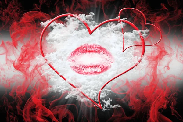 Heart and a Kiss With Red Smoke. Valentine's Day Concept 3D Illustration — Stock Photo, Image