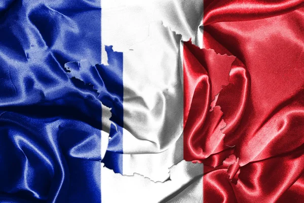 Nationalflagge von Frankreich weht im Wind mit französischer Landkarte darauf 3d Illustration — Stockfoto
