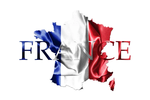 Государственный флаг Франции машет на ветру с французской картой и названием страны на изолированном белом фоне это 3D иллюстрация — стоковое фото