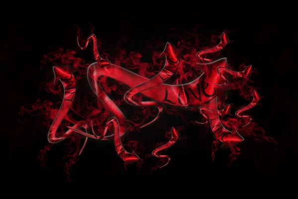 Поняття любові. Стрілки з любов'ю написані на ньому показують шлях на чорному тлі повний червоного диму 3D ілюстрація — стокове фото