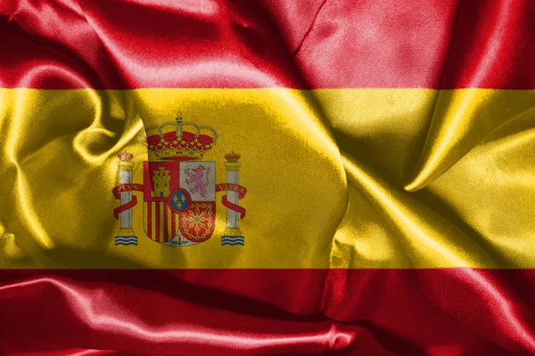 Испанский национальный флаг с гербом, размахивающим на ветру 3D иллюстрацией — стоковое фото