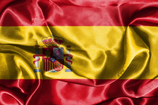 Bandeira nacional espanhola com brasão de armas acenando na ilustração do vento 3D — Fotografia de Stock