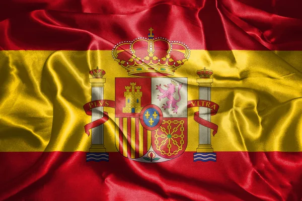 Испанский национальный флаг с гербом, размахивающим на ветру 3D иллюстрацией — стоковое фото