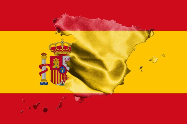 Španělská národní vlajka s erbem a Mapa Španělska 3d ilustrace — Stock fotografie