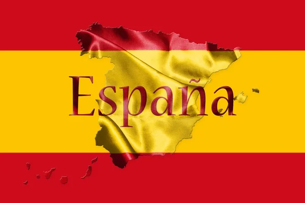 Bandera Nacional de España y Mapa con Nombre de País Escrito en ella Ilustración 3D — Foto de Stock