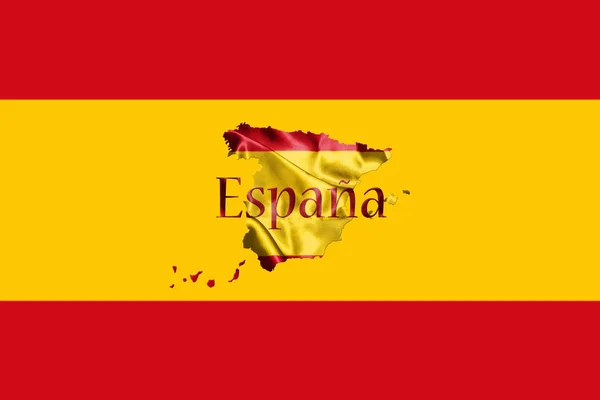Испанский национальный флаг и карта с названием страны, написанные на ней 3D иллюстрация — стоковое фото