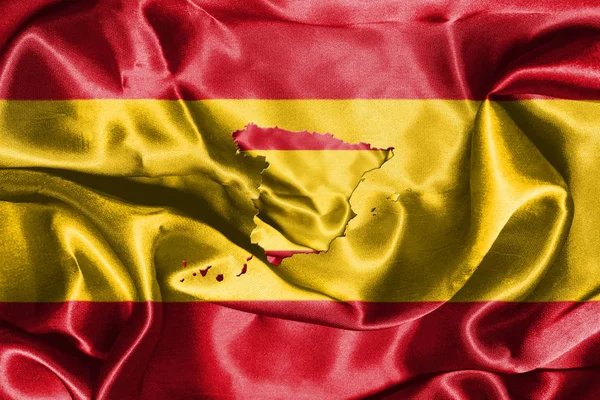 Bandeira nacional espanhola acenando no vento com o mapa de Espanha nele ilustração 3D — Fotografia de Stock