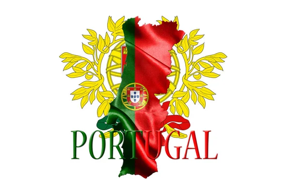 Португальский национальный флаг с картой Португалии и названием страны, изолированной на белом фоне 3D иллюстрация — стоковое фото