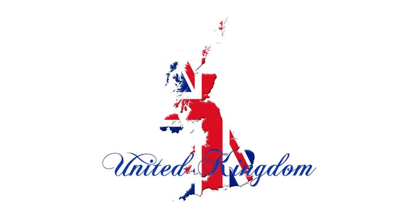 Mapa del Reino Unido con la bandera y el nombre del país en él aislado sobre fondo blanco Ilustración 3D — Foto de Stock