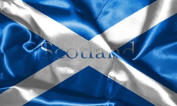 Флаг Шотландии, машущий ветром с названием страны на нем 3D иллюстрация — стоковое фото