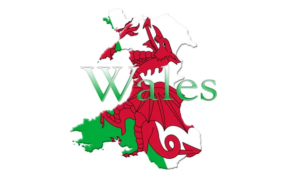Карта Уэльса с флагом страны на нем изолированы на белом фоне 3D иллюстрация — стоковое фото