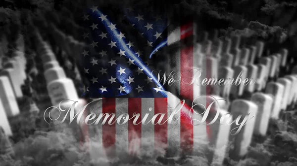 Memorial Day Stati Uniti d'America. Bandiera americana con cimitero e pietre tombali in background illustrazione 3D — Foto Stock