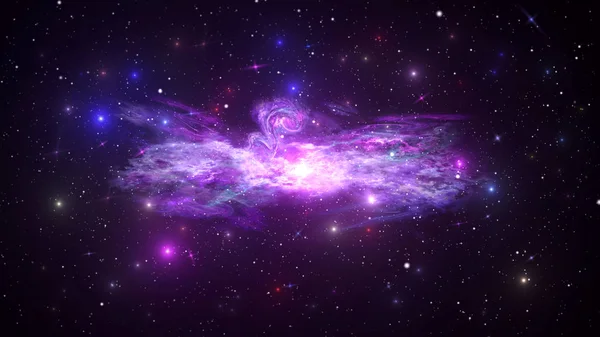 Universo con galaxia, estrellas y colorida nebulosa sobre fondo estrellado oscuro Ilustración 3D — Foto de Stock