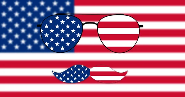 Gafas y bigote Diseño de la bandera americana en el fondo de la bandera de Estados Unidos Ilustración —  Fotos de Stock