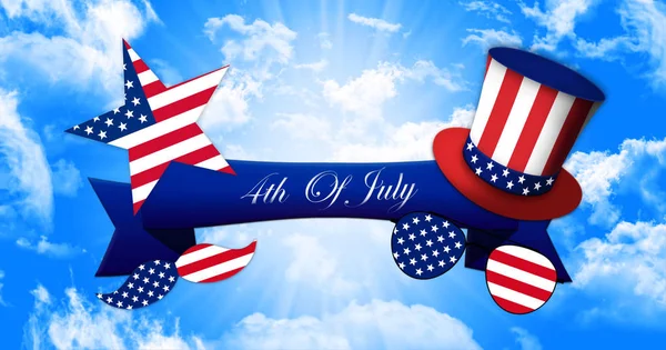 Feliz 4 de julio. Gafas y bigote Diseño de la bandera americana con sombrero del tío Sam y bandera de cinta en el cielo Fondo Ilustración 3D — Foto de Stock