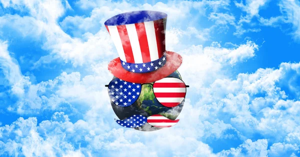 Планета Земля з дядька Сема капелюхи, сонцезахисні окуляри і вуса. Прапор США. День незалежності концепція 3d ілюстрація — стокове фото