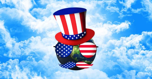 Планета Земля з дядька Сема капелюхи, сонцезахисні окуляри і вуса. Прапор США. День незалежності концепція 3d ілюстрація — стокове фото