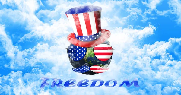 Pianeta Terra Con Cappello, Occhiali da Sole e Baffi dello Zio Sam. Stati Uniti d'America Bandiera. Independence Day Concetto Illustrazione 3D — Foto Stock