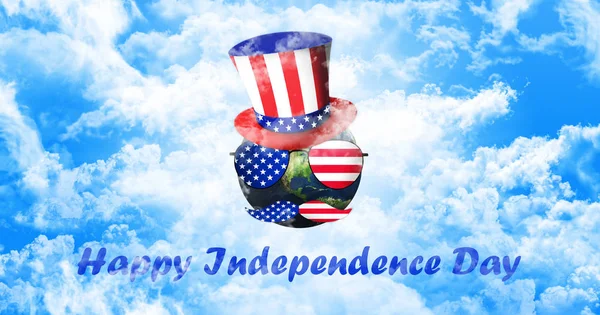 Planeta Ziemia z Uncle Sam kapelusz, Okulary przeciwsłoneczne i wąsy. Flaga Stanów Zjednoczonych. Dzień Niepodległości koncepcja 3d ilustracja — Zdjęcie stockowe