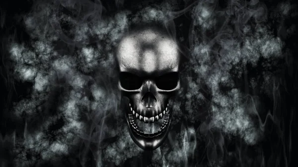Feliz Halloween. Cráneo humano con humo y fuego 3D renderizado — Foto de Stock