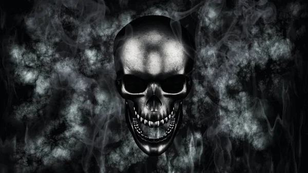 Feliz Halloween. Cráneo humano con humo y fuego 3D renderizado —  Fotos de Stock